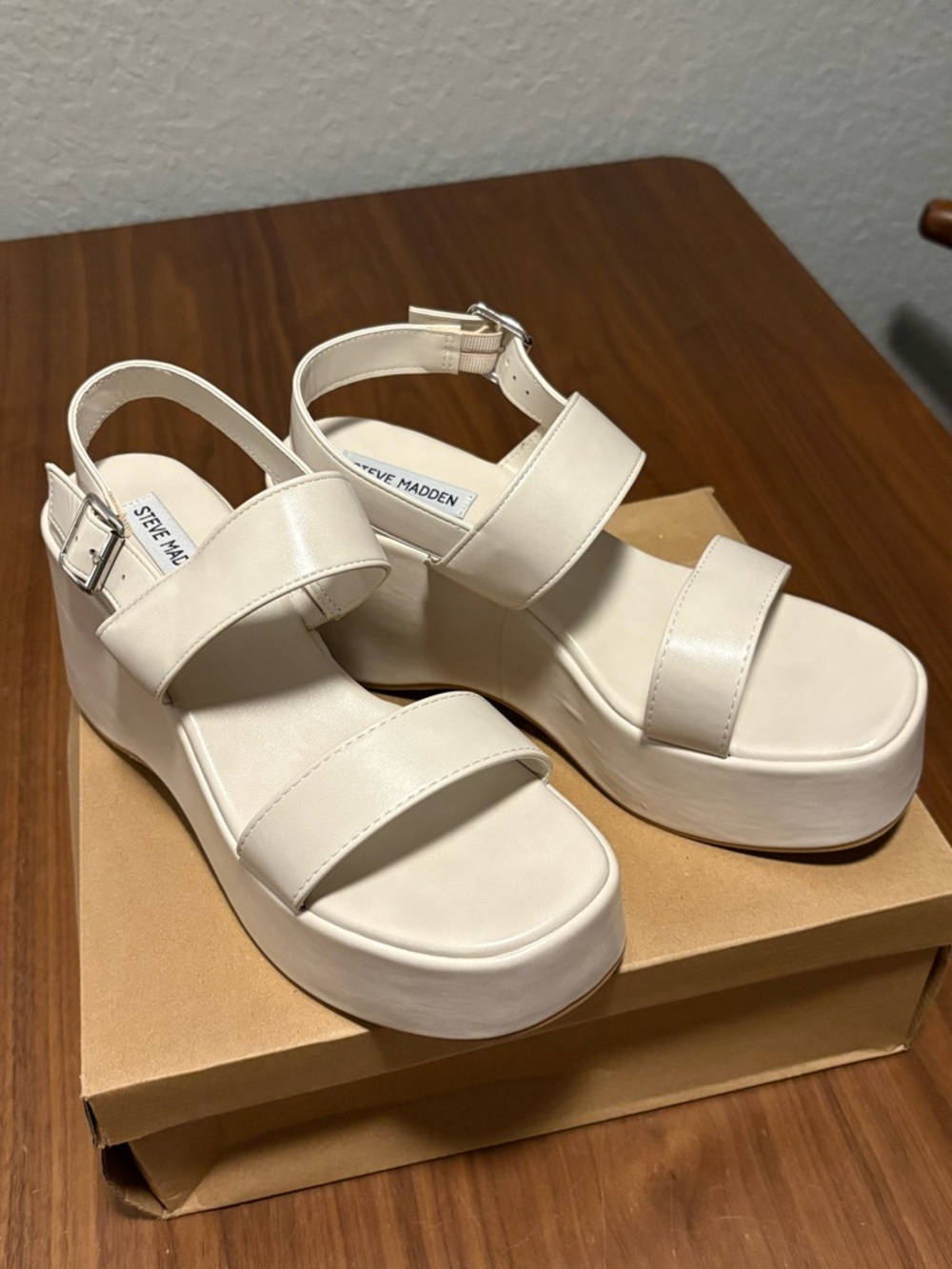 Steve Madden Cream Platform Sandals with Ankle Buckle